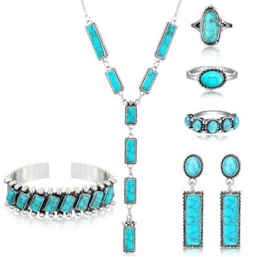Imagem de Ecally Conjunto boêmio de joias ocidentais turquesa feminino pingente boêmio longo gargantilha em camadas brincos anel para mulheres, one size, liga metálica, turquesa, couro artificial, Sem Pedra