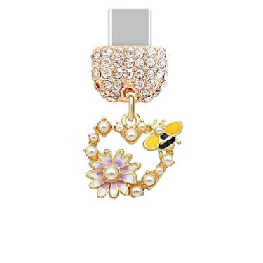 Imagem de ELISE & FONDA TP876 Tipo-C Porta de Carregamento Cristal Antipoeira Plugue Pequeno Coração de Amor com Abelha Mel e Margarida Berloque Celular para iPhone 15/16/Samsung/OnePlus/Xiaomi/Oppo telefones