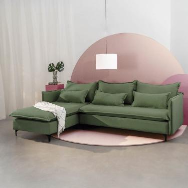 Imagem de Sofá Modular 3 Lugares com Chaise e Pé Metal Sôma Cabecasa Madeiramadeira Verde