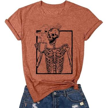 Imagem de Camiseta feminina FCDIED Hot Coffee Skeleton Halloween, laranja, XXL