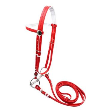 Imagem de oshhni Rédea de cavalo com cabresto, freio de argola de aço inoxidável versátil, corda de montaria para aulas de clube, trilha de fazenda, L Red