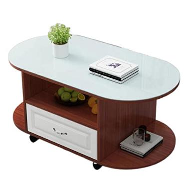 Imagem de Mesa de centro de design simples oval com rodas, mesa de centro de 3 camadas com prateleira de armazenamento e gaveta, mesa de centro moderna com rodas para sala de estar, design moderno, móveis