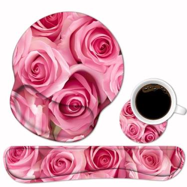 Imagem de Conjunto de apoio de pulso para teclado e mouse pad com suporte de pulso com porta-copos, base de poliuretano antiderrapante, mouse pad ergonômico para jogos em casa, escritório, trabalho, estudar, digitação fácil e alívio da dor, rosas rosa