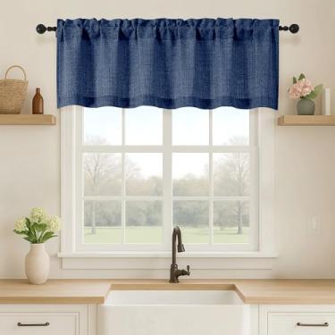 Imagem de OVZME Cortina de cozinha com saia curta texturizada de linho sintético com filtro de luz azul marinho, cortina de janela curta com bolso duplo para varão, para banheiro, porão, casa de fazenda, 1 peça
