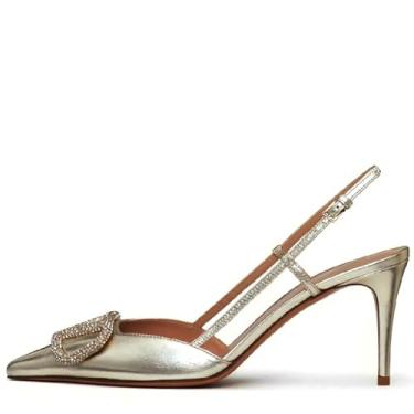 Imagem de BlingQueen Sandálias femininas de salto alto, bico fino, bico fino, salto alto, sapatos de couro envernizado, sem cadarço, costas nuas, para festas de formatura, Poliuretano dourado, 38