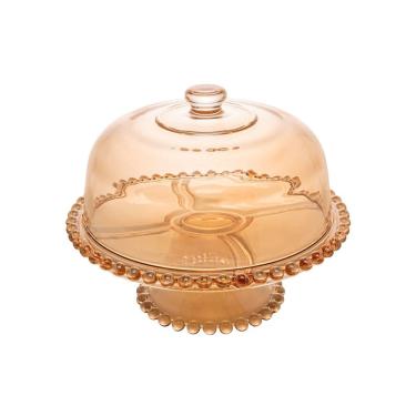 Imagem de Prato de Cristal C/Pé e Tampa P/Bolo Pearl Bolinha Âmbar 31x25cm Wolff