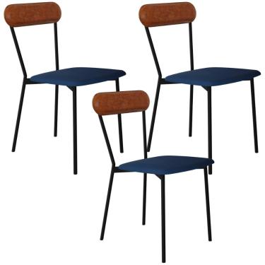 Imagem de Kit 03 Cadeiras Estofada Para Sala de Jantar Liora Preto C01 Linho Azul Courino Caramelo  - Lyam Decor