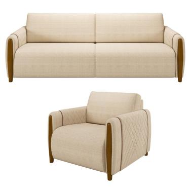 Imagem de Kit Sofá 02 Lugares Sala Estar 168cm Com Poltrona Flora Pés De Madeira M03 Linho Bege - Lyam Decor
