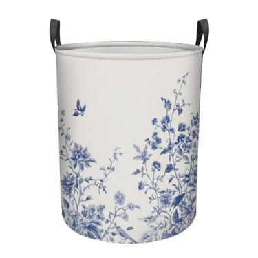 Imagem de Cesto de lavanderia grande floral vintage azul e branco com alças bolsa de roupas dobrável, organizador de armazenamento para banheiro, armário, roupas, organização de brinquedos, M