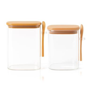 Imagem de 2 Pote Vidro tampa Colher bambu Herm�tico 1050ML e 850ml multiuso borossilicato mantimentos cozinha tempero
