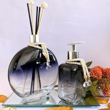 Imagem de Kit Luna Difusor de Aromas + Elite Saboneteira em Vidro Azul Degradê – Luxo para Decoração de Banheiro e Casa (Rosé,Com Bandeja)