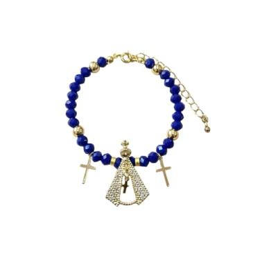 Imagem de Pulseira Cristal Azul Pingente Nossa Senhora Aparecida Cravejada (Dourado)