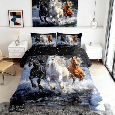 Imagem de Conjunto de edredom 3D, cavalo de corrida, animais selvagens, para crianças, adolescentes e adultos, estampa moderna de água e neve de inverno com 2 fronhas, tamanho queen, 3 peças