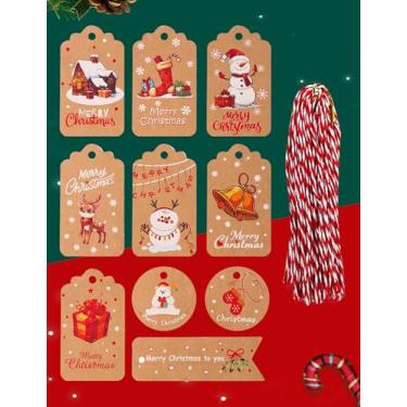Imagem de 50 pacotes de etiquetas de presente de Natal de papel kraft marrom, etiquetas de presente de Natal com barbante de padeiro para embrulho de presente de Natal DIY e cartões comemorativos