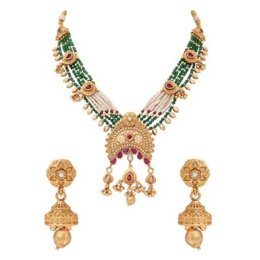 Imagem de I Jewels Colar de pérolas com motivo de latão antigo de Bollywood indiano banhado a ouro com brinco conjunto de joias para mulheres (MC220G)