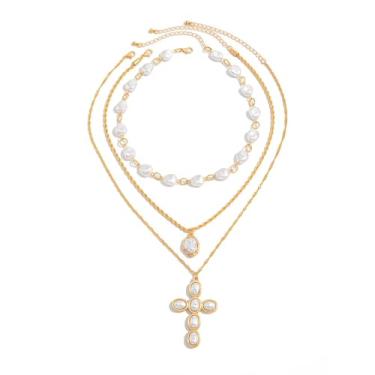 Imagem de Colar de cruz de pérola grande para mulheres, corrente grossa de prata dourada com pingente de cruz empilhada em camadas de pérolas, colares punk de declaração, joias de festa, presente, normal, Metal
