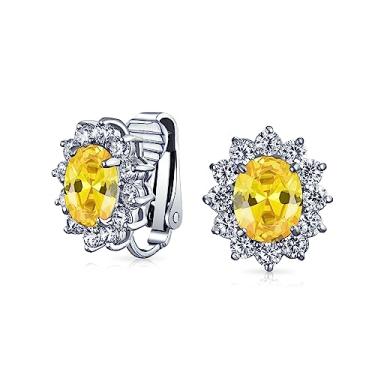 Imagem de Brincos tradicionais clássicos de pedras preciosas simuladas de zircônia cúbica AAA CZ halo coroa oval com clipe para mulheres, orelhas não perfuradas, banhado a ouro rosa banhado a prata, One Size