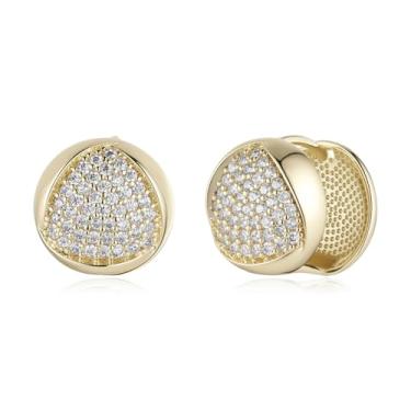 Imagem de HZMAN Brincos de argola pequenos banhados a ouro redondos/ovais/estrelas, hipoalergênicos, leves, grossos, incrustados com zircônia cúbica cintilante, Latão, Zircônia cúbica