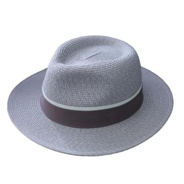 Imagem de Chapéu masculino de verão macio com aba larga para sol de praia proteção UV chapéu de jazz feminino cinza elegante cabeça grande 58-61 cm