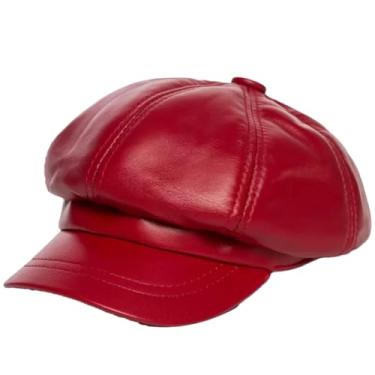 Imagem de Chapéu octogonal feminino de pele de carneiro de inverno de couro genuíno pintor coreano bonés vermelho 2GG 59 60 cm