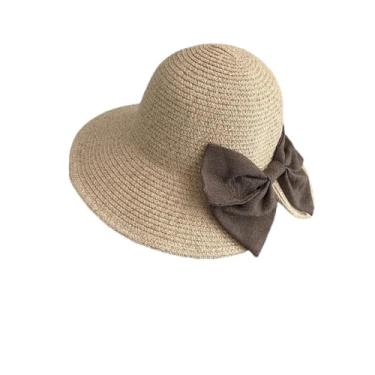 Imagem de Chapéu feminino de verão com aba larga e laço grande chapéu de palha panamá para praia bege 56-58 cm