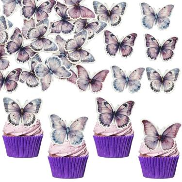 Imagem de Ephlyn 48Pcs Edible Butterfly Cake Decorations Wafer Paper Butterflies Cupcake Toppers Butterfly Decorations for Wedding Birthday Anniversary Baby Shower Party Decorating Supplies Purple