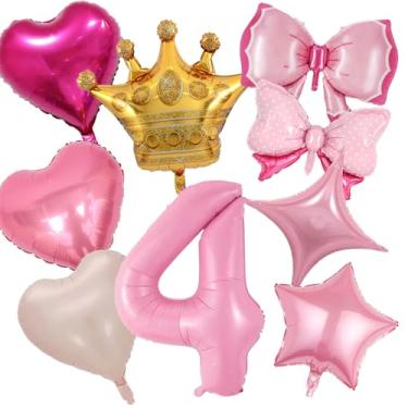 Imagem de Decorações de festa de aniversário de princesa, balões rosa número 4 de 101 cm, balões com coroa dourada para decoração de chá de bebê com tema de princesa