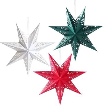Imagem de 3 peças de lanterna de estrela de Natal com 7 pontas, 43 cm, grande, vermelho, verde, branco, nórdico, estrela, pendurada, onamentos para Natal, casa, festa de aniversário, decoração de casamento