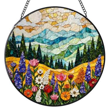 Imagem de Vitral pendurado, flores coloridas, vitrais de montanha, captadores de sol, painel de vidro para janelas internas, decoração de jardim, decoração de aniversário para mulheres, 16 cm