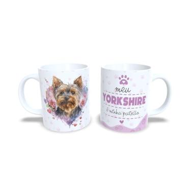Imagem de Caneca de Cerâmica Yorkshire Terrier, Design Artístico com Flores e Corações, Branca, 325ml, Presente para Amantes de Pets (13209)
