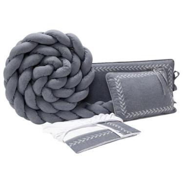 Imagem de Kit Berço Trança Linho Com Bordado Delicado, 100% Algodão - 6 Peças - 