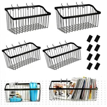 Imagem de SeewtLice Conjunto de 2 cestos de quadro de pegboard com 4 ganchos, prateleiras e organizador de parede de arame de metal para acessórios de bancada de garagem, preto