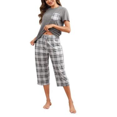 Imagem de Conjunto de pijamas femininos Mchodare Capri de manga curta cinza