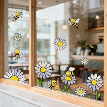 Imagem de ANATTASOUL Adesivos de janela estática margaridas e abelhas 1 folha de decalques reutilizáveis de janela para vidro, 120 cm x 30 cm adesivo de janela dupla face removível para quarto, escritório