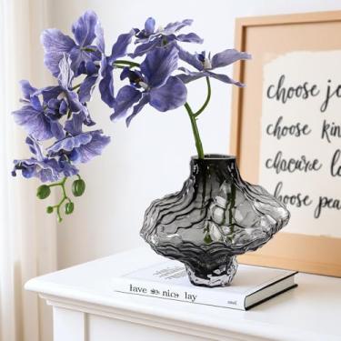 Imagem de GarDream Vaso de vidro cinza moderno, vaso ondulado exclusivo de 16,5 cm para flores, vasos de flores decorativos pesados para centros de mesa, mesa de jantar, cornijas, entrada, sala de estar, quarto