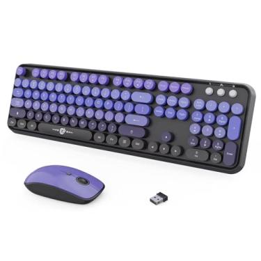 Imagem de Combo de teclado e mouse sem fio, 104 teclas redondas, lindo teclado colorido com estilo retrô de máquina de escrever, teclado Letton tamanho completo com teclado numérico e mouse com 3 DPI para PC