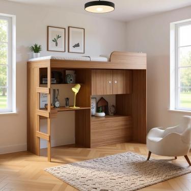 Imagem de Cama Alta Multifuncional Com Baú E Escrivaninha Lion