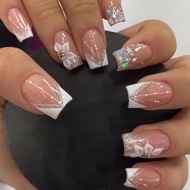 Imagem de 24 peças de unhas postiças quadradas médias, unhas de ponta francesa, unhas postiças rosa com lantejoulas de flores brancas, cola artificial de cobertura completa de acrílico com glitter, unhas