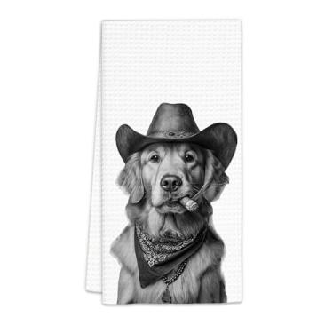 Imagem de Presentes Flicy Golden Retriever Toalhas de cozinha para cães ocidentais, presentes para amantes de Golden Retriever Cowboy decorativo prato de mão toalha de chá para cozinha, cachorro engraçado