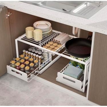 Imagem de Organizador de armazenamento deslizante sob a pia de 2 camadas, gaveta de armário removível de metal para cozinha e banheiro (branco)