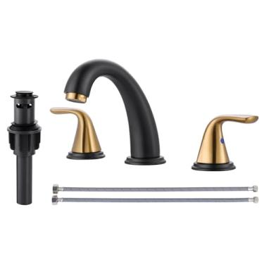 Imagem de Aleasha Torneira de pia de banheiro 3 furos preto e dourado, torneira de banheiro generalizada, torneira de banheiro cromada com ralo pop-up, torneira de banheiro com mangueira sem chumbo de aço inoxidável 304