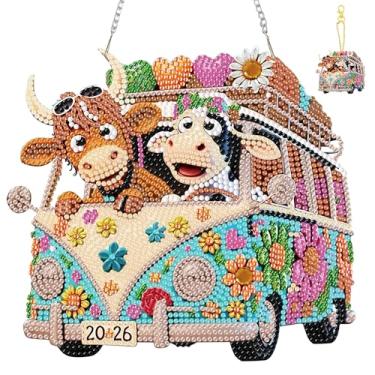 Imagem de Jawecci Bus Diamond Art Pendurado e Chaveiros, Tabuleiros Pingentes, Formato Especial Vacas Pintura Diamante Placa Pendurada, Ornamentos Dupla Face para Decoração de Porta de Janela