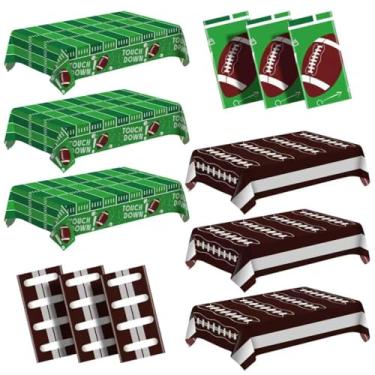 Imagem de Pacote com 6 toalhas de mesa descartáveis de plástico premium para decoração de festa de futebol de 137 x 274 cm. Inclui 3 toalhas de mesa verdes e 3 marrons para mesas de 1,8 a 2,8 m (futebol verde