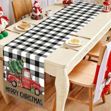 Imagem de Caminho de mesa xadrez de búfalo preto, árvore de Natal, carro vermelho, decoração de mesa de árvore de Natal para Natal, férias, fazenda, casa, cozinha, festa de jantar
