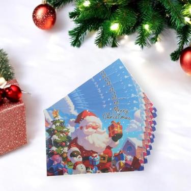 Imagem de 10 peças de cartão de felicitações de Natal Papai Noel segurando presente papel vermelho verde branco azul 4,5 x 3,1 polegadas