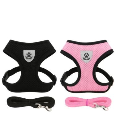 Imagem de Coleira de Malha Flexível com Colete Peitoral Ajustável para Cão Cachorro Gato Animais (1 unid Preta + 1 unid Rosa,G)
