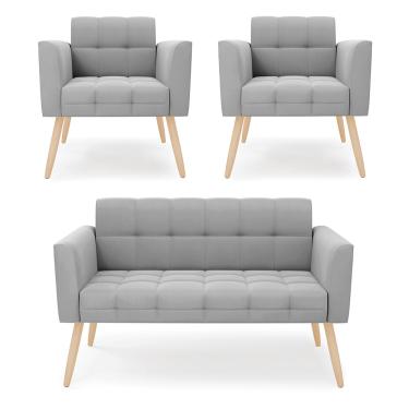 Imagem de Kit 1 Sofá Namoradeira e 2 Poltronas Elisa Suede Cinza Pés Palito Natural D03 - D'Rossi