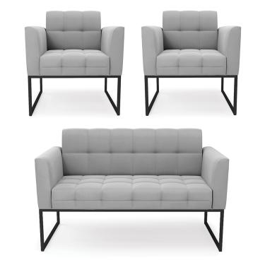 Imagem de Kit 1 Sofá Namoradeira e 2 Poltronas Elisa Suede Cinza Base Metálica Industrial Preto D03 - D'Rossi