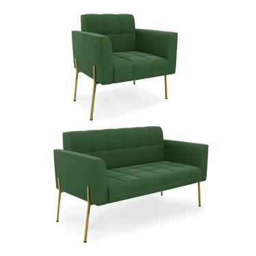 Imagem de Sofá Namoradeira e Poltrona Pé de Ferro Dourado Elisa Suede Verde D03 - D'Rossi