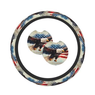 Imagem de American Flag Eagle Conjunto de 3 peças de decoração de capa de volante com 2 porta-copos, conjunto de interior de carro universal antiderrapante e confortável - serve para capa de volante de 14,5 a